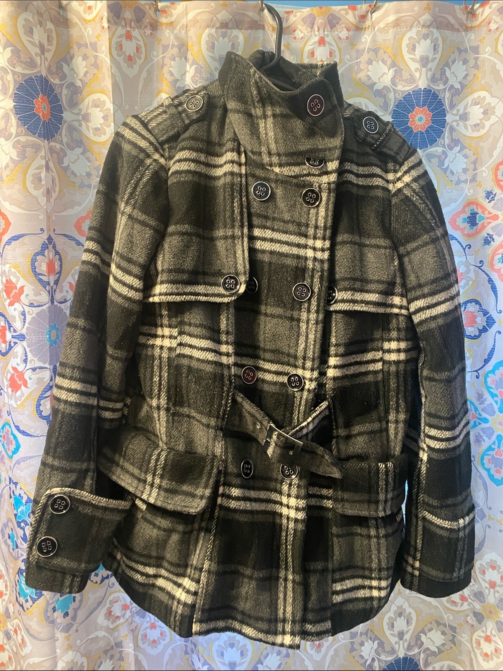 Plaid Black, white, gray Belted Peacoat